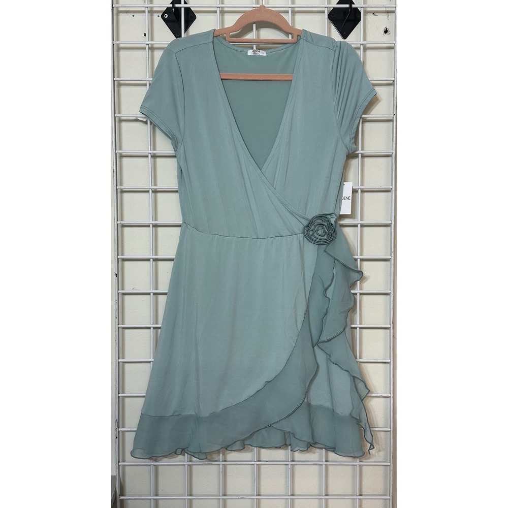 Ardene Sage Green Ruffle Wrap Dress Rosette Detail V-Neck Juniorβ size Large NEW